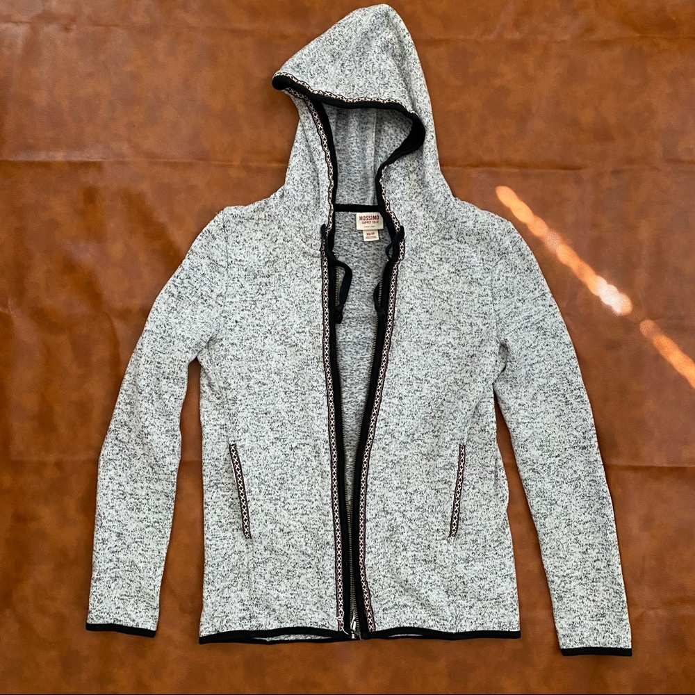 Heather grey zip up hoodie with embroidered trim detail